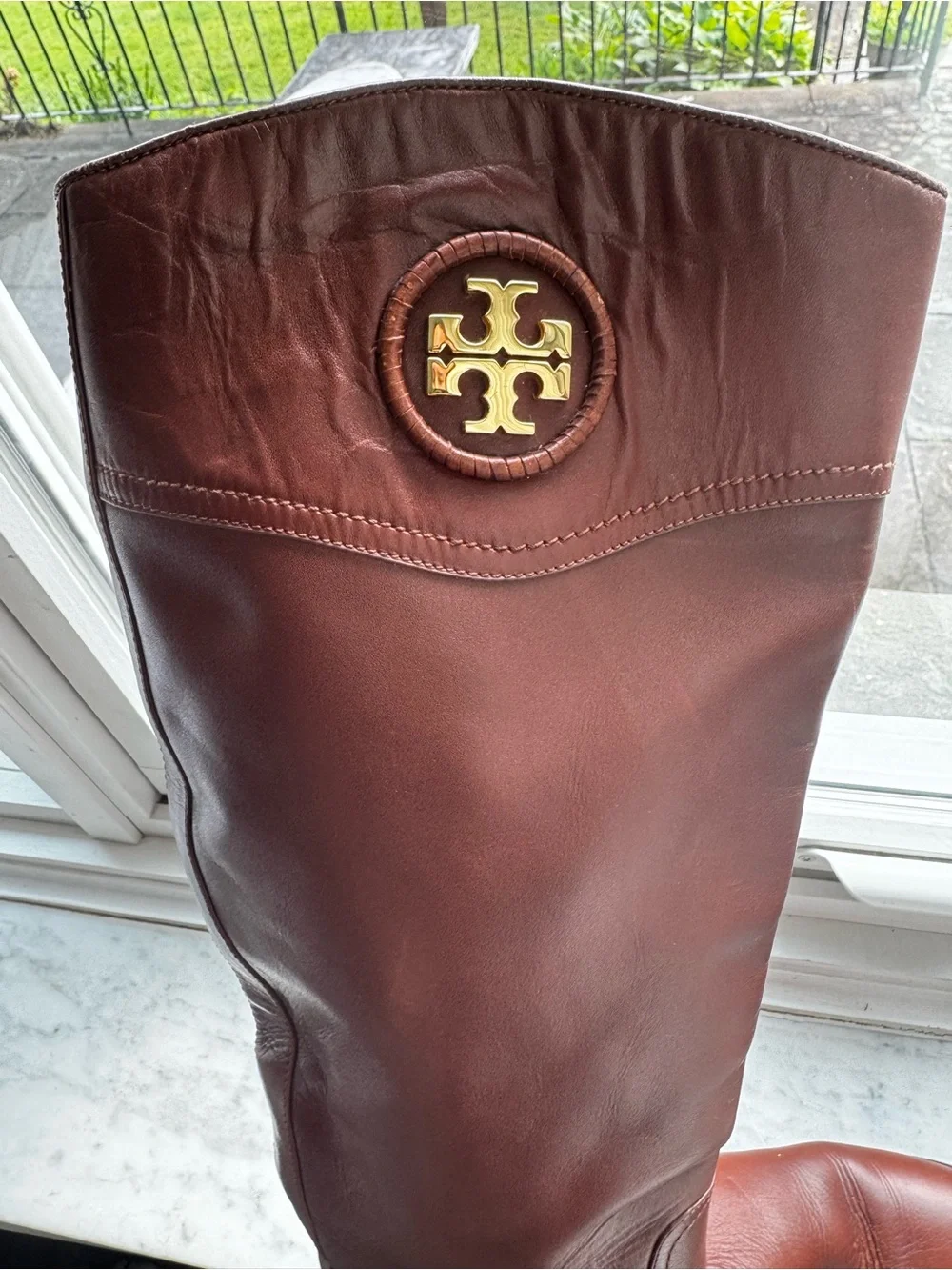 Tory Burch Chestnut Brown Leather Knee Boots with Logo Medallion